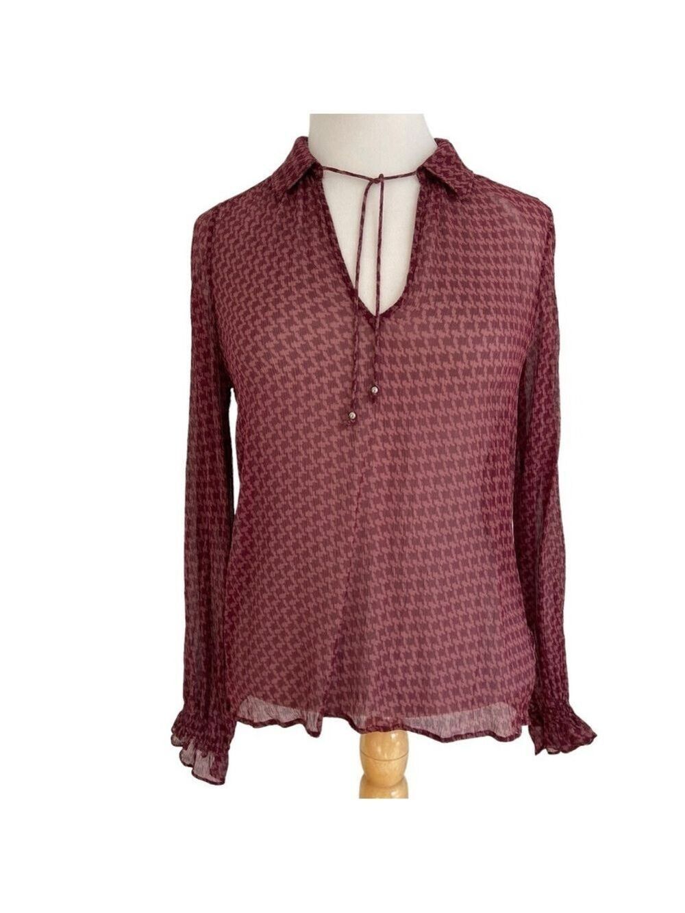 Paige Brea 100% Silk Burgundy Red Houndstooth Blouse Sheer Small houndstooth - Picture 2 of 15